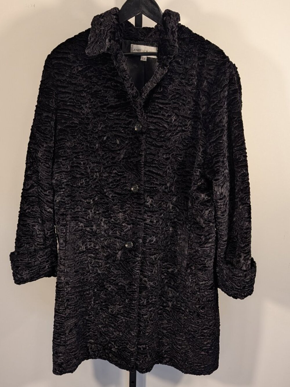 Jones New York Faux Persian Lamb Coat Black Vintage Textured Fur | Sz 1X